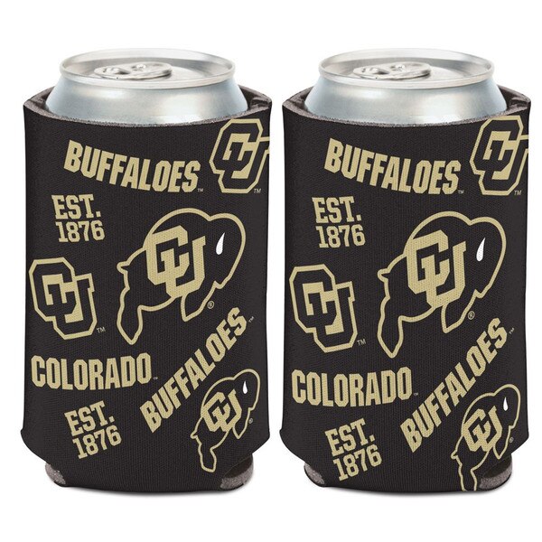 CU Buffaloes neoprene can cooler with all-over team logo design and collapsible construction.